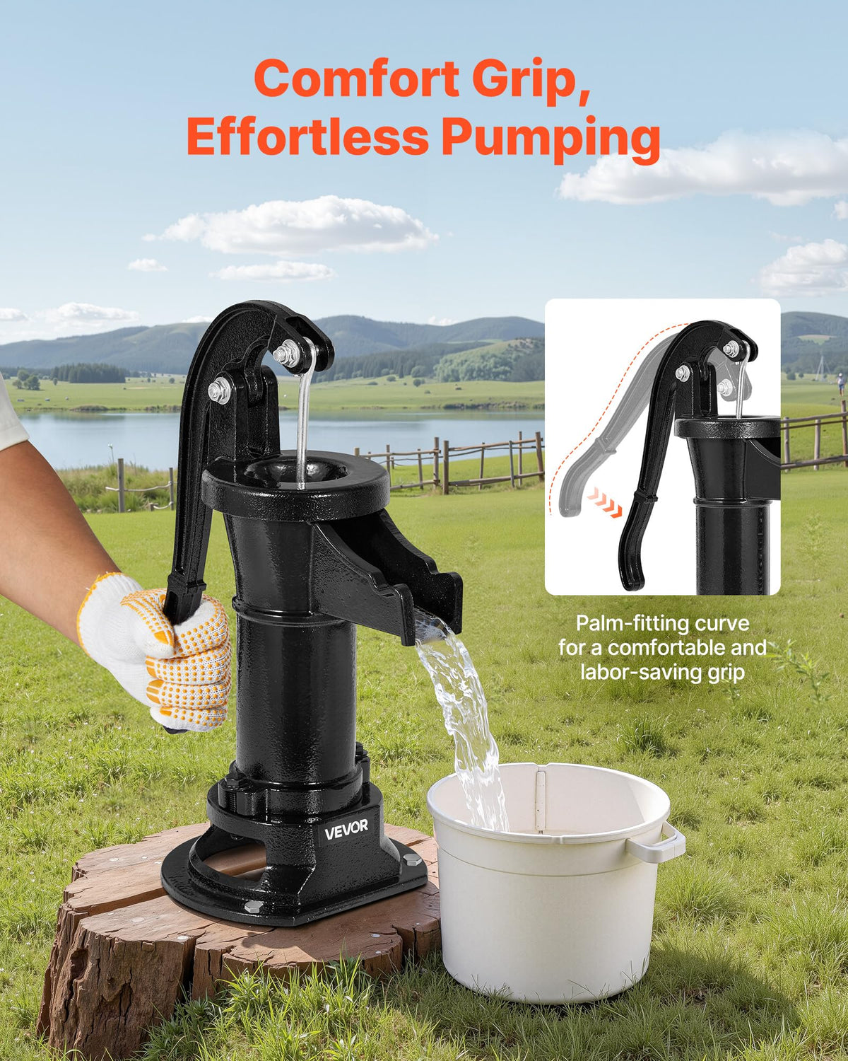 VEVOR Well Hand Pitcher Pump cast iron detail highlights rugged craftsmanship