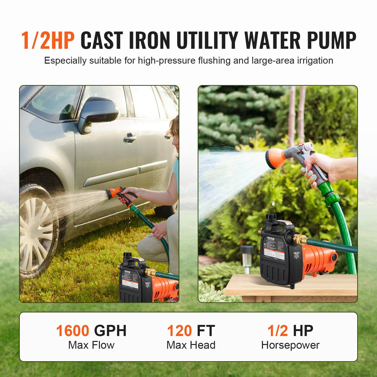 VEVOR cast iron body highlights rugged construction for long use