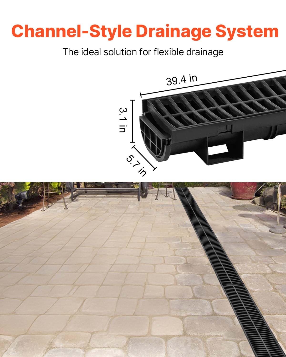 VEVOR channel drain grate close-up showing smooth inner surface for fast drainage