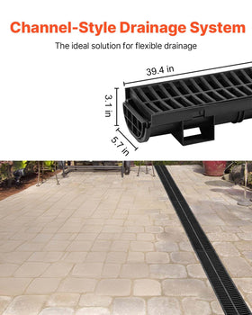 VEVOR channel drain grate close-up showing smooth inner surface for fast drainage
