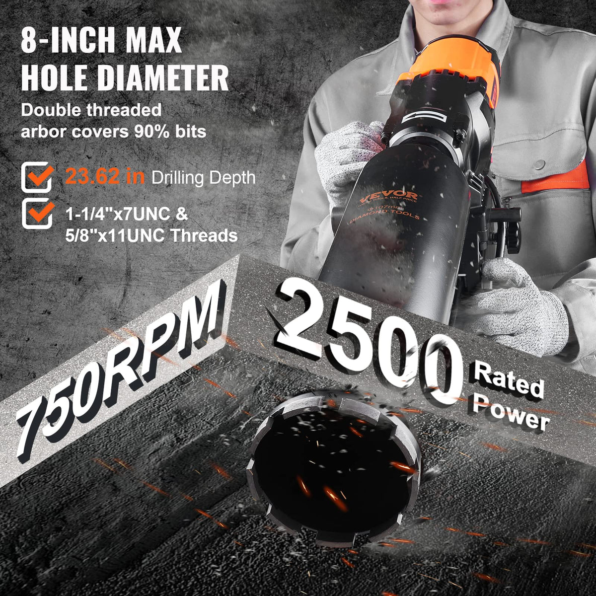 VEVOR 2500W motor powering the diamond core drill