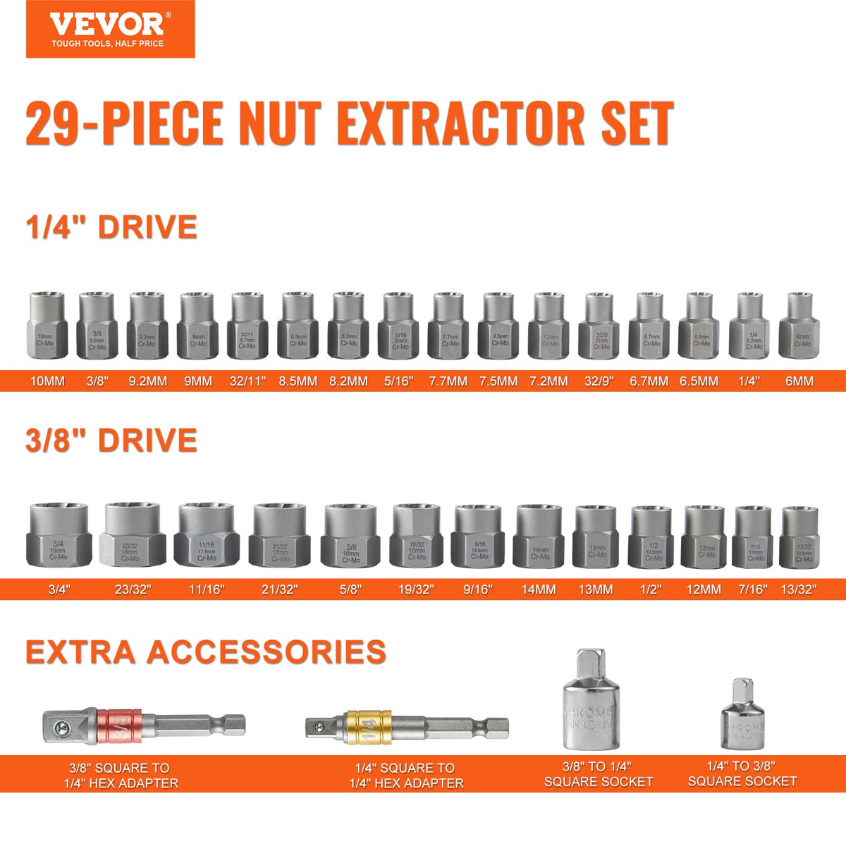 CR-MO steel extractors with laser-engraved sizes for quick selection