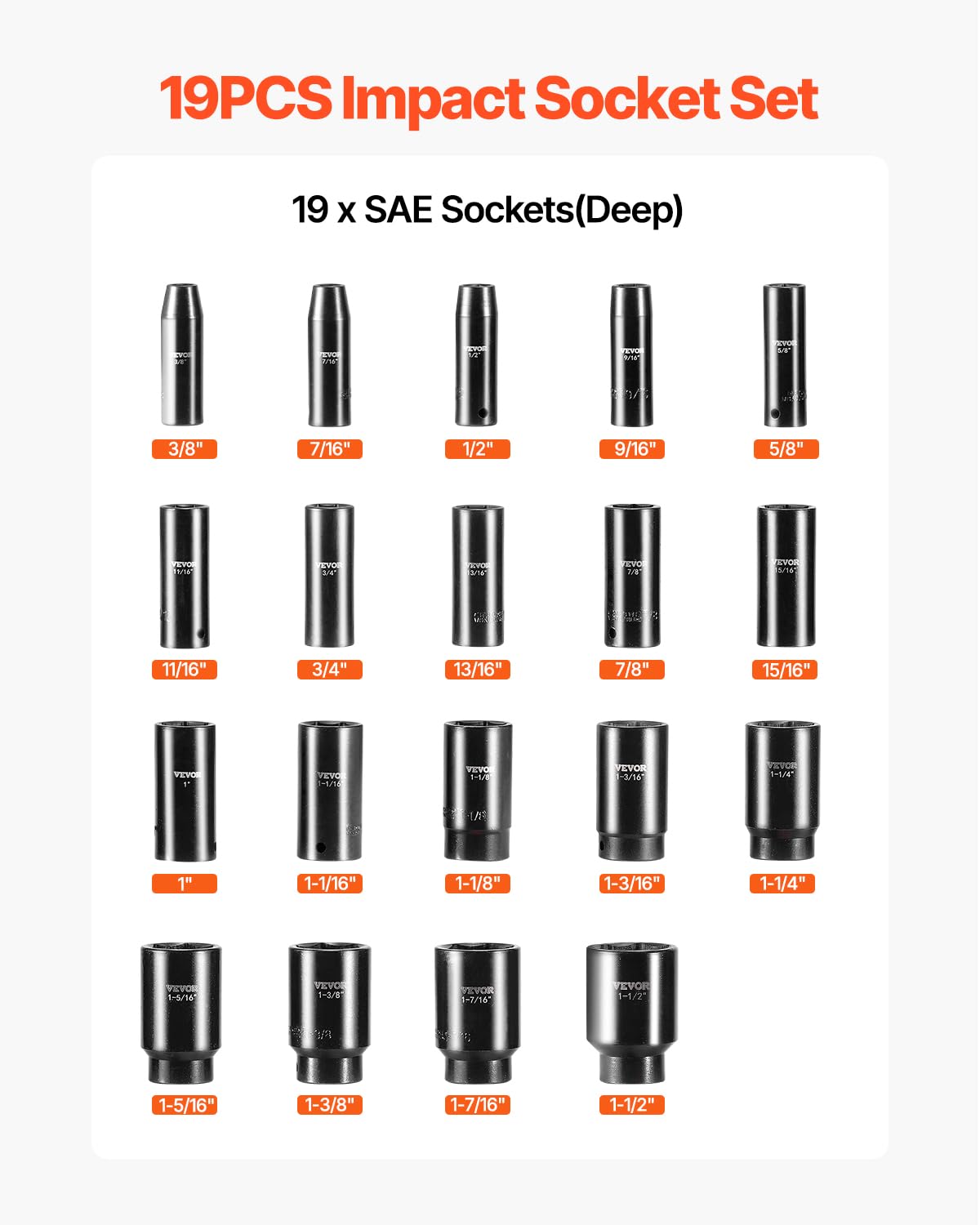 VEVOR chrome vanadium alloy sockets offer durability and long life.
