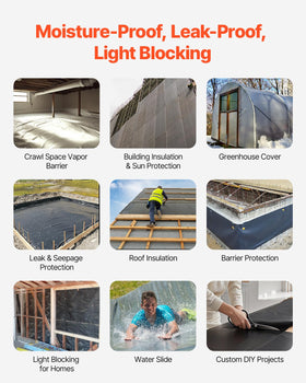 VEVOR crawl-space vapor barrier film deployed under a floor for moisture control.