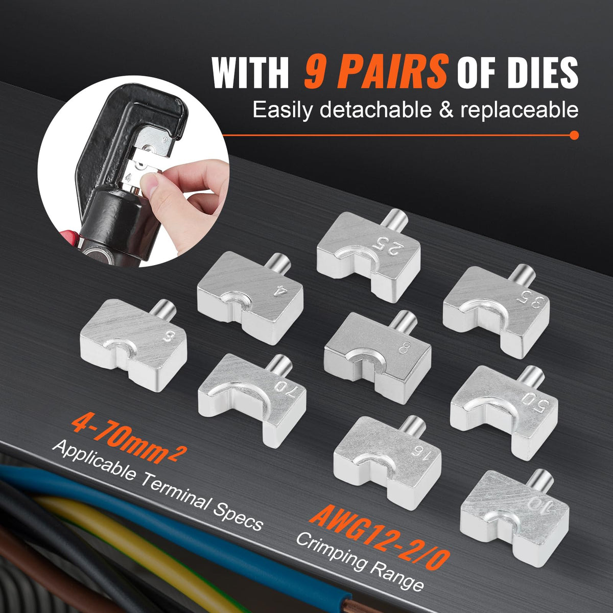 Nine die varieties for AWG12-2/0 cables