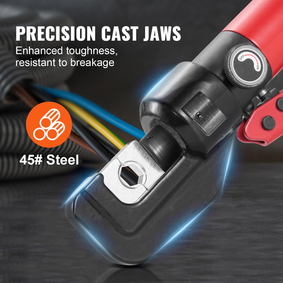 Heat-treated jaws ensure durability and reliable crimps