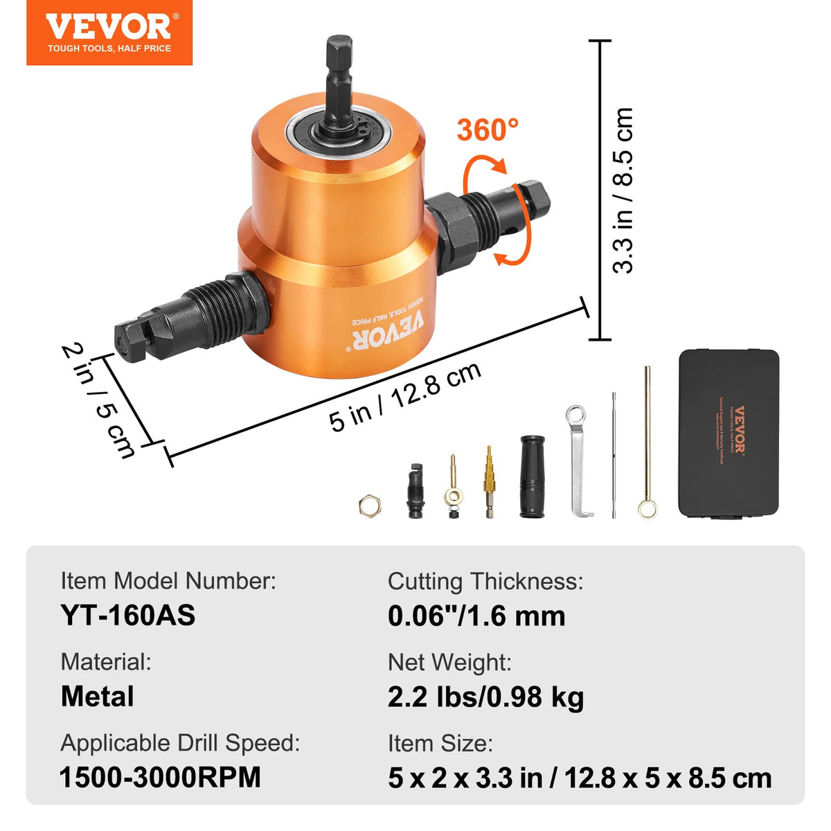 VEVOR cutting capacities for carbon steel, stainless steel, plastic, and wood.