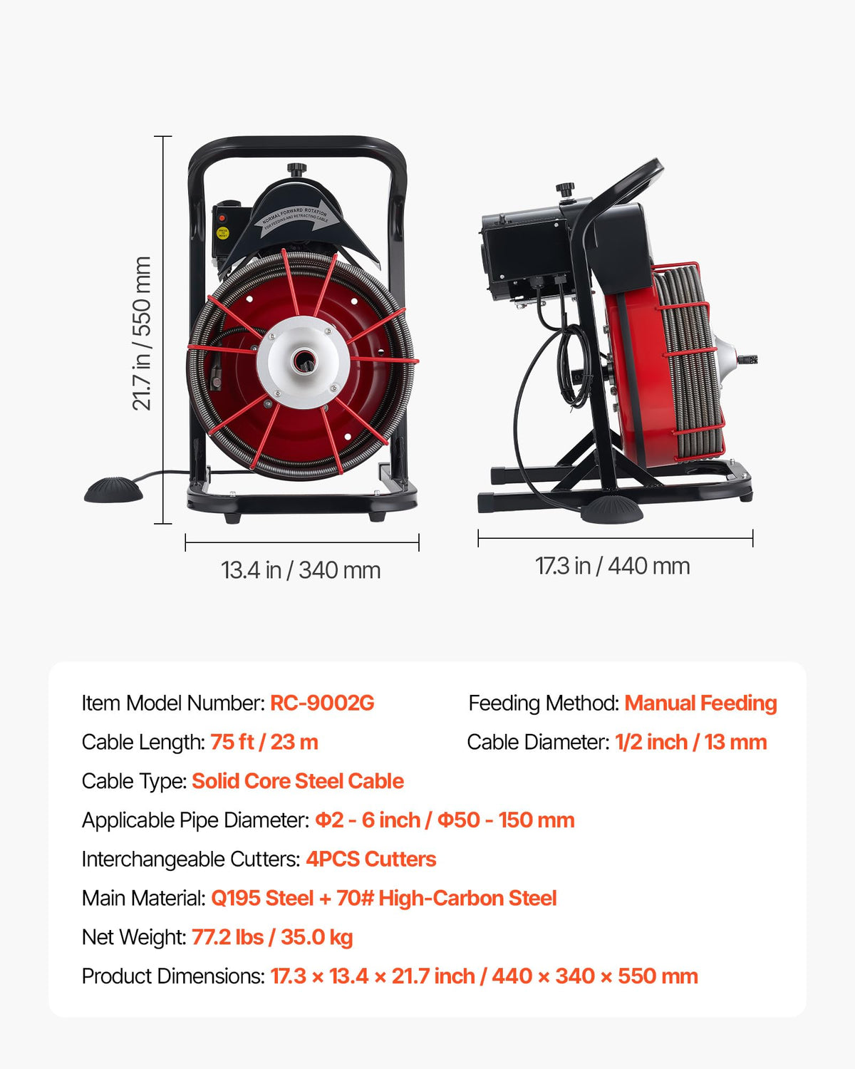 VEVOR CW/CCW control improves maneuverability in tough drains.