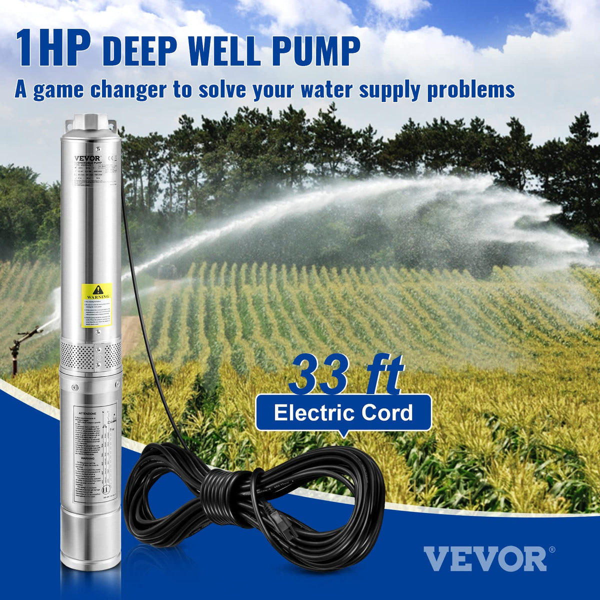 VEVOR deep-well pump showing 33ft cord for flexible remote installation