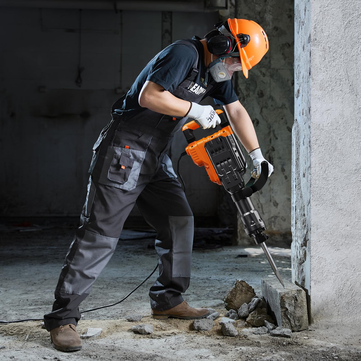 VEVOR demolition hammer in action for trenching and breaking concrete