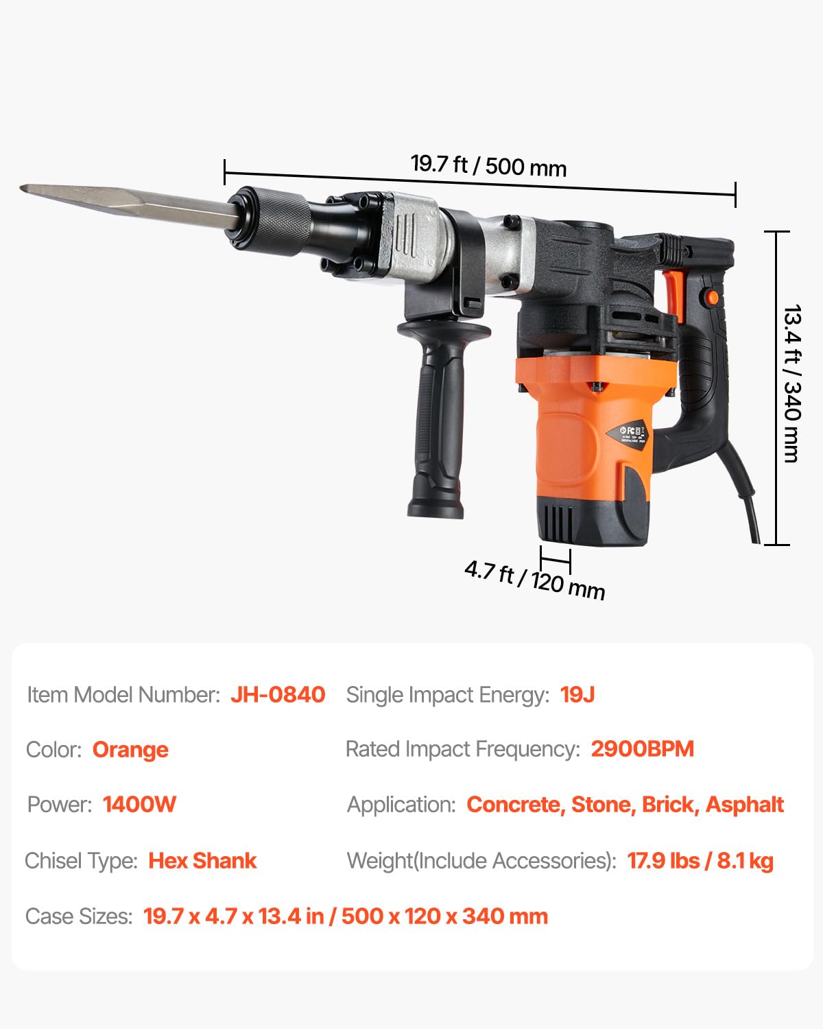 VEVOR Demolition Jack Hammer flat chisel included for broad surface chipping
