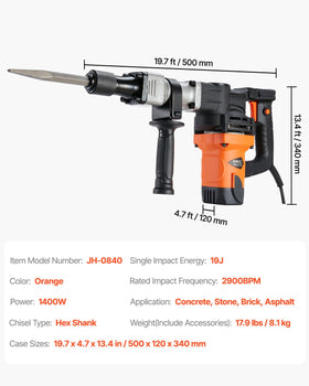 VEVOR Demolition Jack Hammer flat chisel included for broad surface chipping
