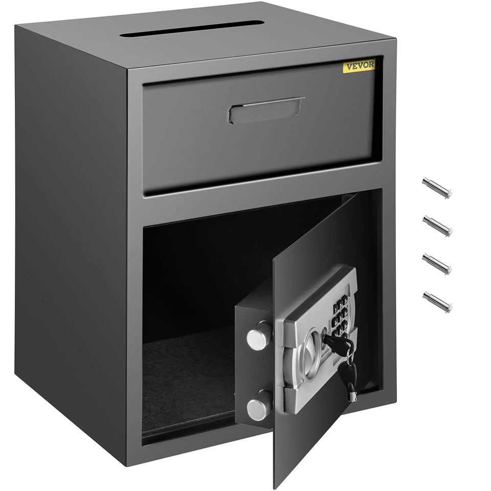 VEVOR depository safe front view shows durable carbon steel construction for secure storage.