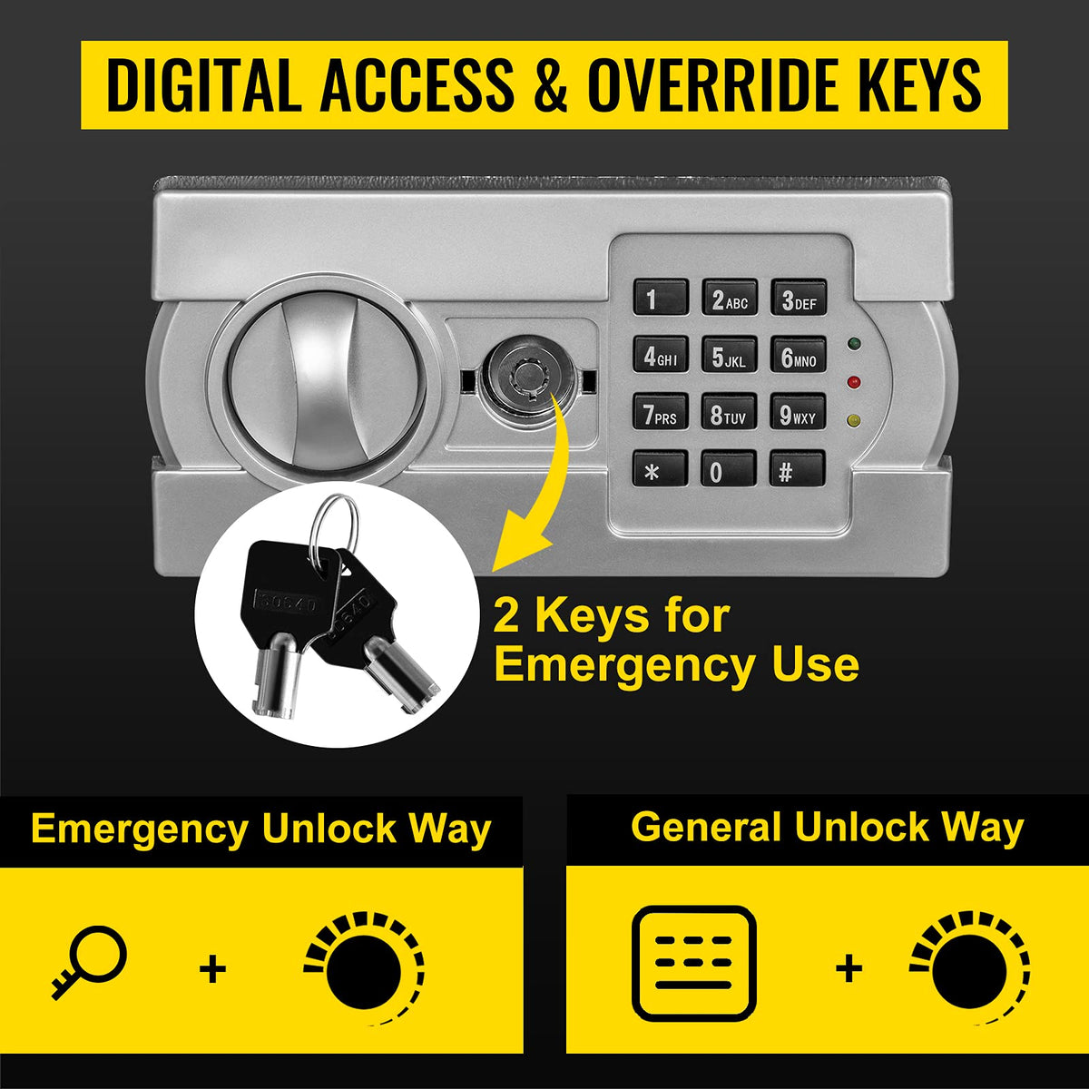 VEVOR depository safe includes two override keys for emergencies.