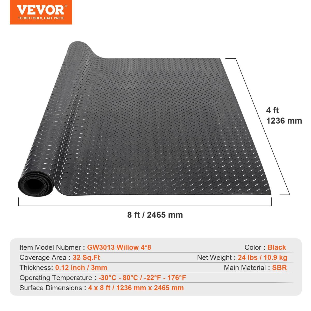VEVOR Diamond-Plate rubber flooring roll gym area provides cushioned footing and easy cleanup