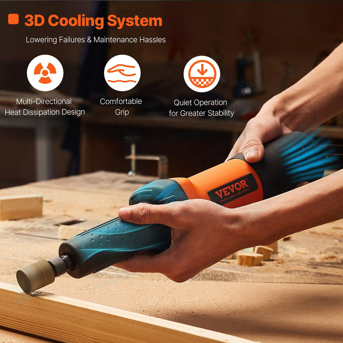 VEVOR die grinder shows 3D cooling structure to minimize heat buildup