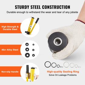 Dies and punches arranged for 1/2 to 4 inch conduit holes in a sturdy setup.