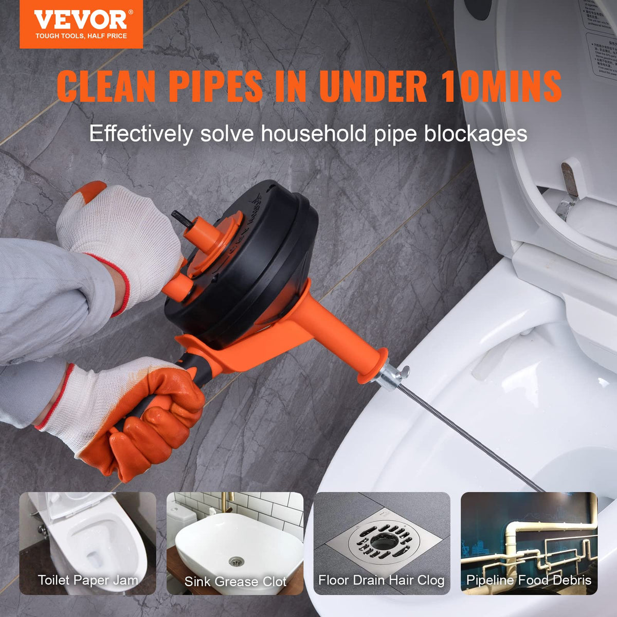 VEVOR drain auger with drill attachment in use clears debris