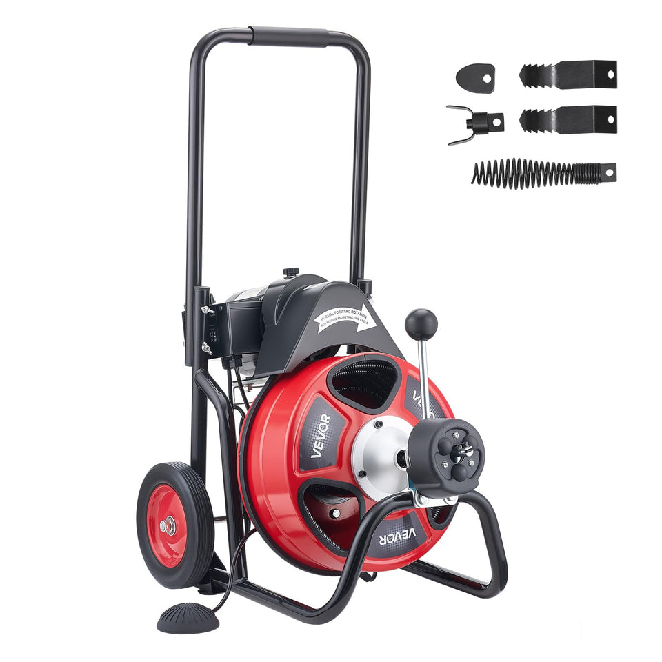 VEVOR drain cleaner with 100 ft cable for powerful clog removal.