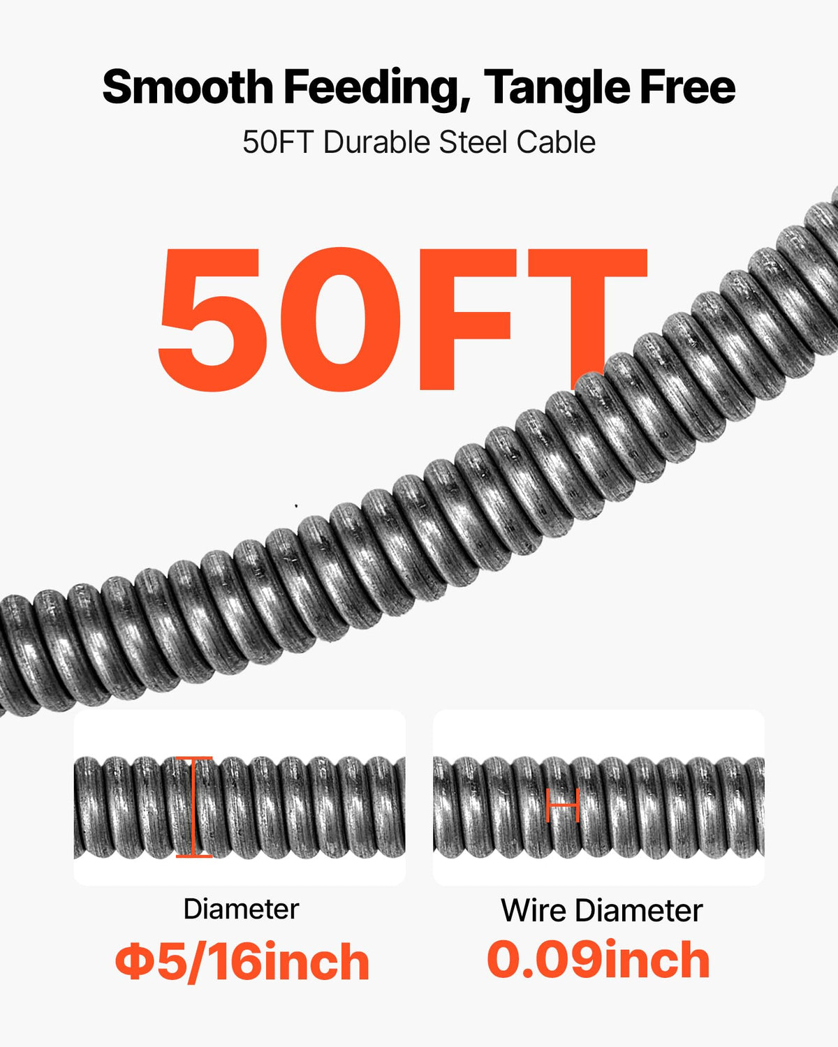VEVOR 50 ft steel cable designed for smooth navigation through pipes