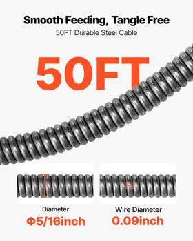 VEVOR 50 ft steel cable designed for smooth navigation through pipes