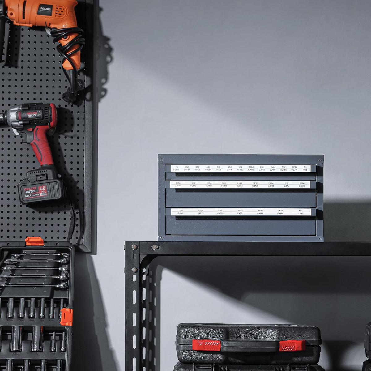 VEVOR drill bit disposer cabinet keeps workshop organized and accessible.