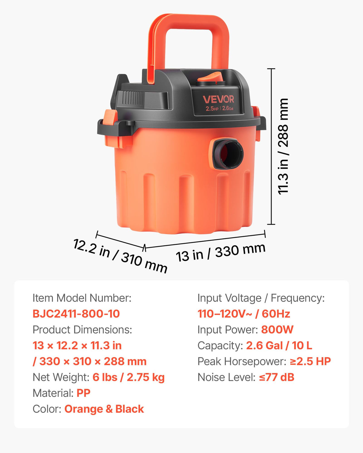 VEVOR dry vacuum cleaner cord and compact design simplifies storage