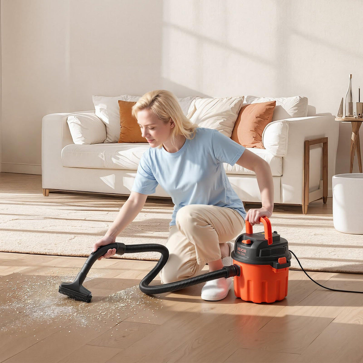 VEVOR dry vacuum cleaner in-use car interior demonstrates mobile cleaning