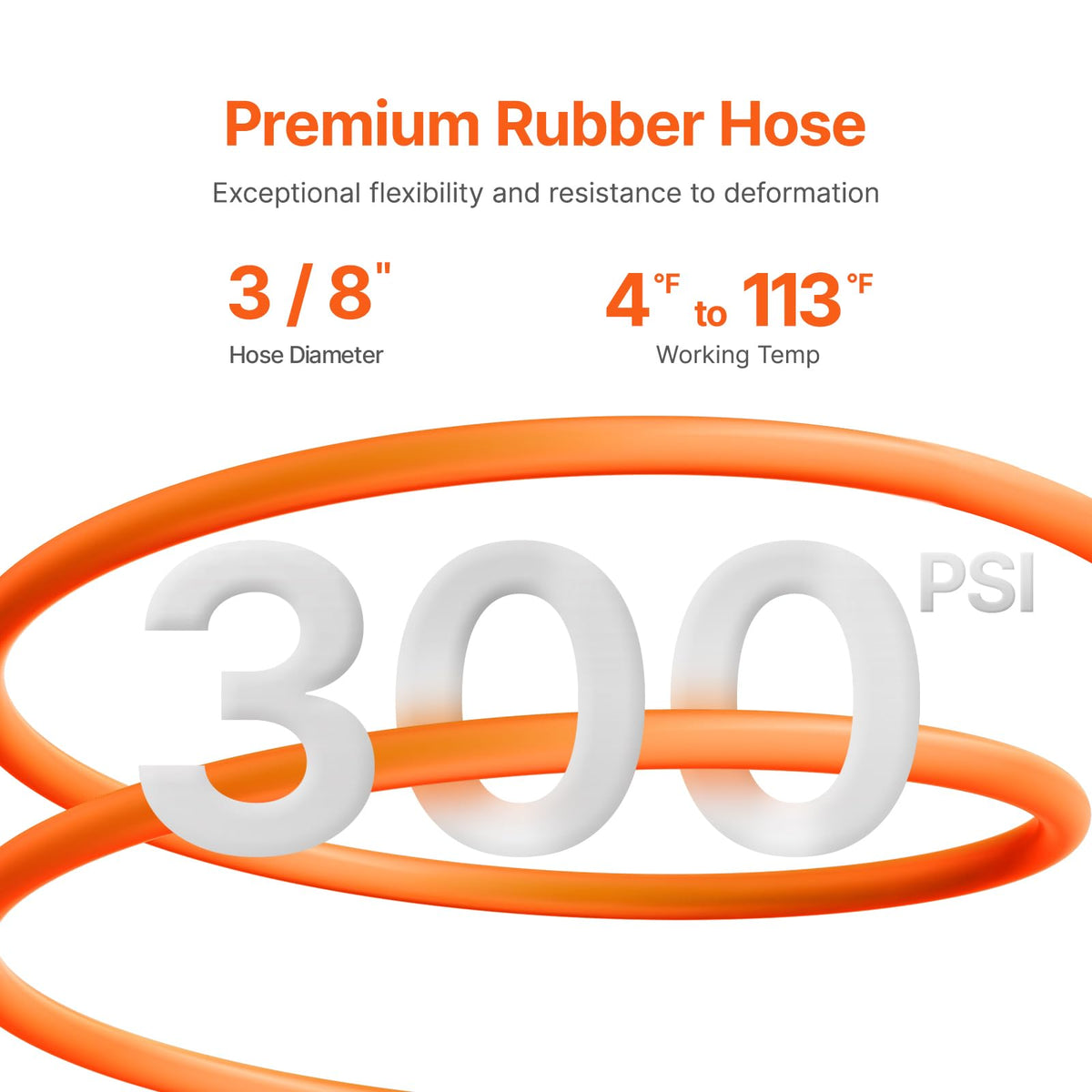 VEVOR durable rubber hose 3/8in 50ft handles high PSI and temperature ranges.