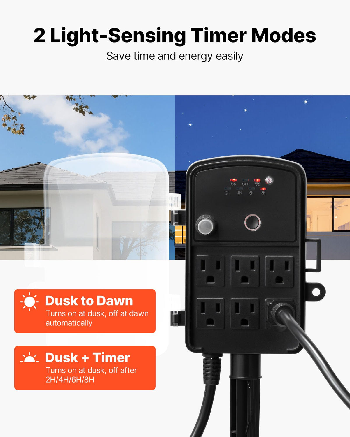 VEVOR dusk-to-dawn timer mode turns lights on at dusk and off at dawn.