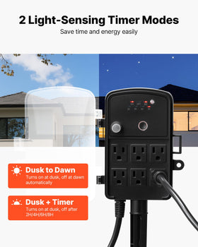 VEVOR dusk-to-dawn timer mode turns lights on at dusk and off at dawn.
