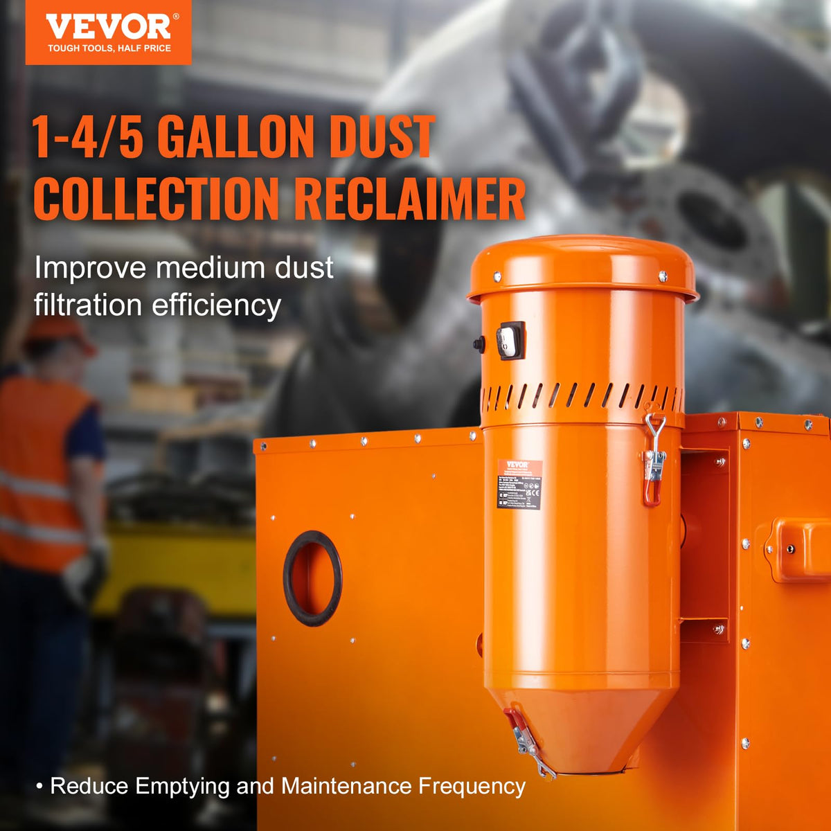 VEVOR dust collector capacity 1.8 gallons sustains longer blasting sessions.
