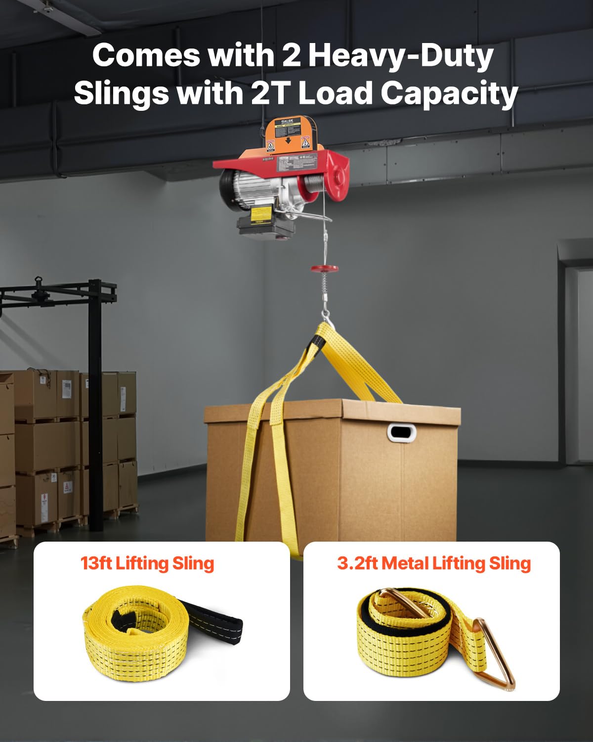 13 ft sling strap and 3.2 ft belt included with the VEVOR hoist