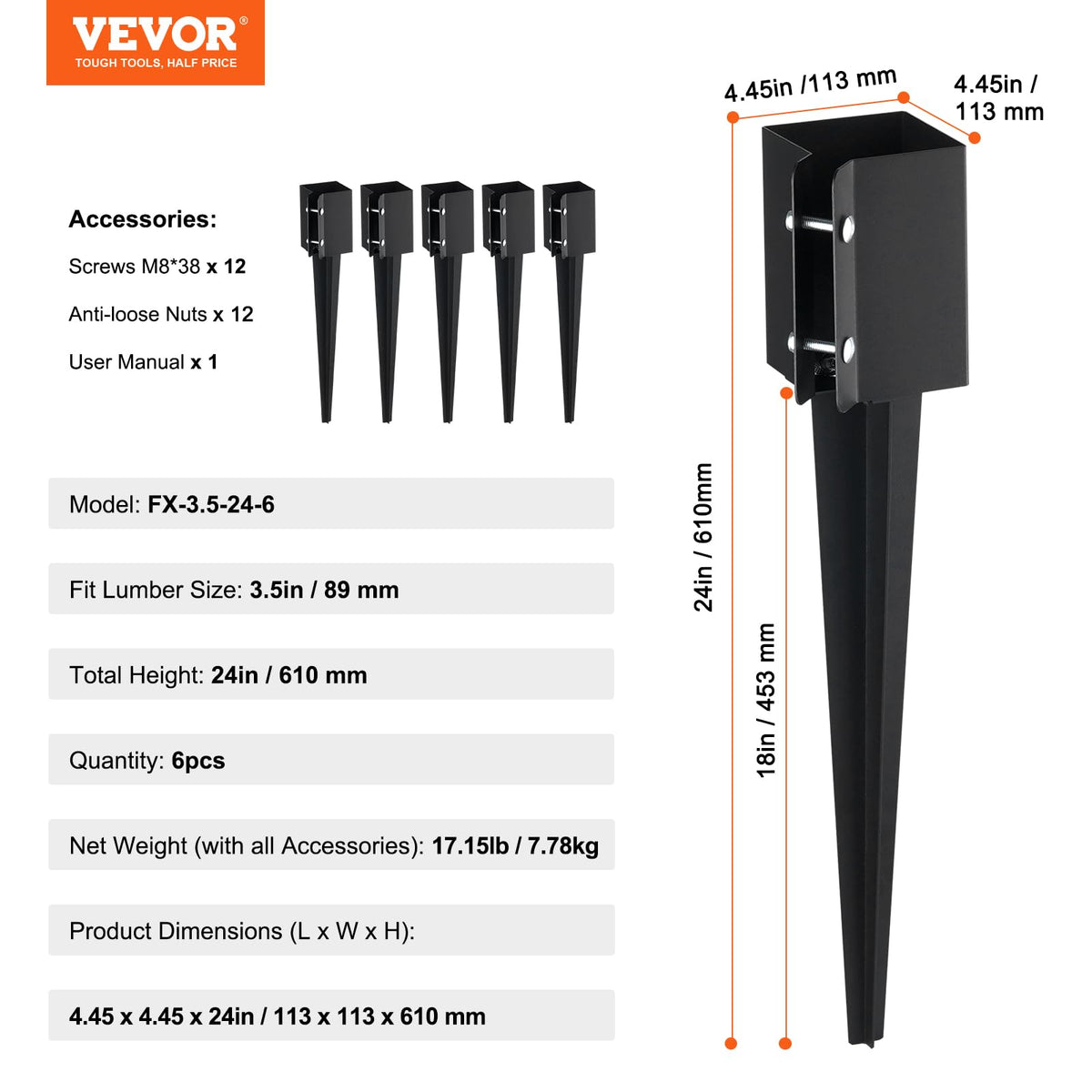 VEVOR 3.5-inch wood compatibility enables stable fencing.