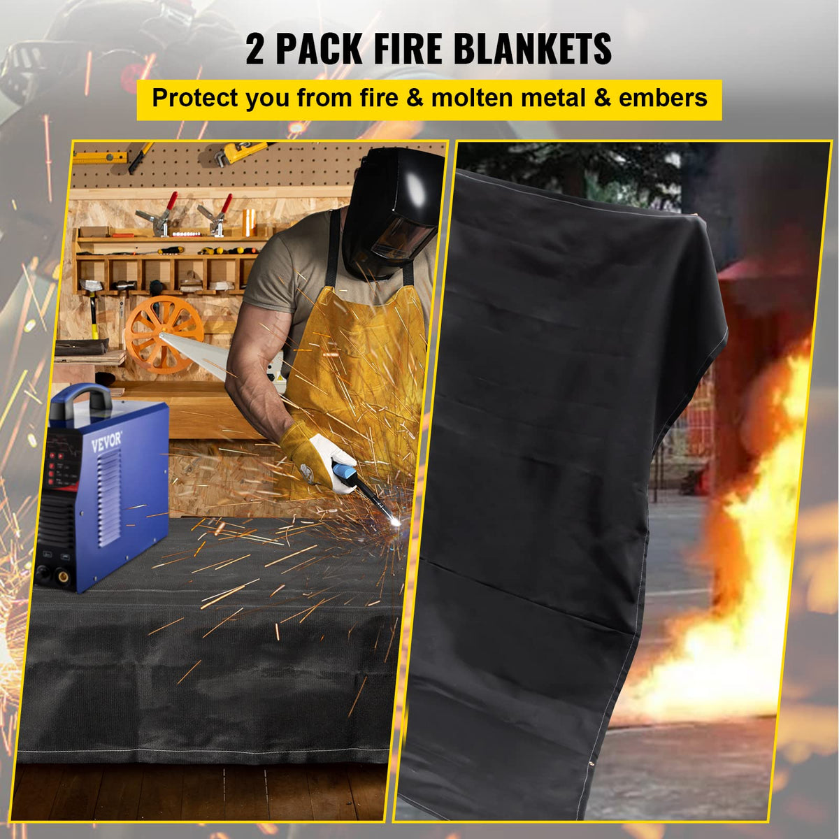VEVOR Fire Blanket 8x10 coverage demonstrating broad heat shield for welding areas.