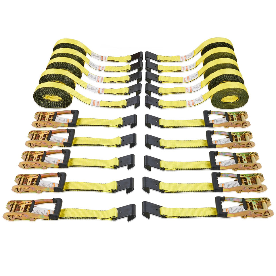 VEVOR flat-hook ratchet strap set securing heavy cargo on a trailer