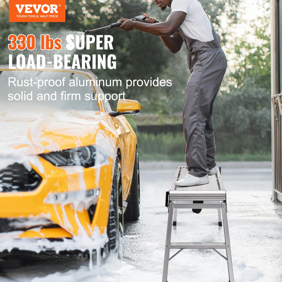 VEVOR folding work platform folded for compact storage and easy transport.