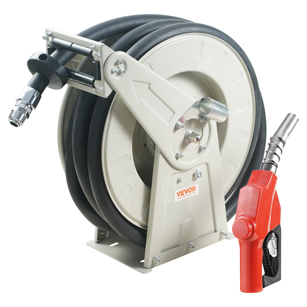 VEVOR fuel hose reel in action with 33 ft reach for efficient diesel fueling.