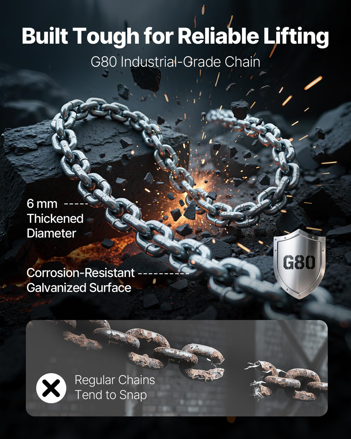 VEVOR G80 alloy chain resists corrosion in harsh environments.