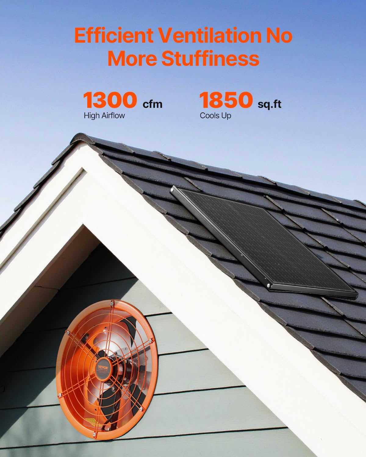 VEVOR gable mount fan 1300 CFM coverage in a large space.