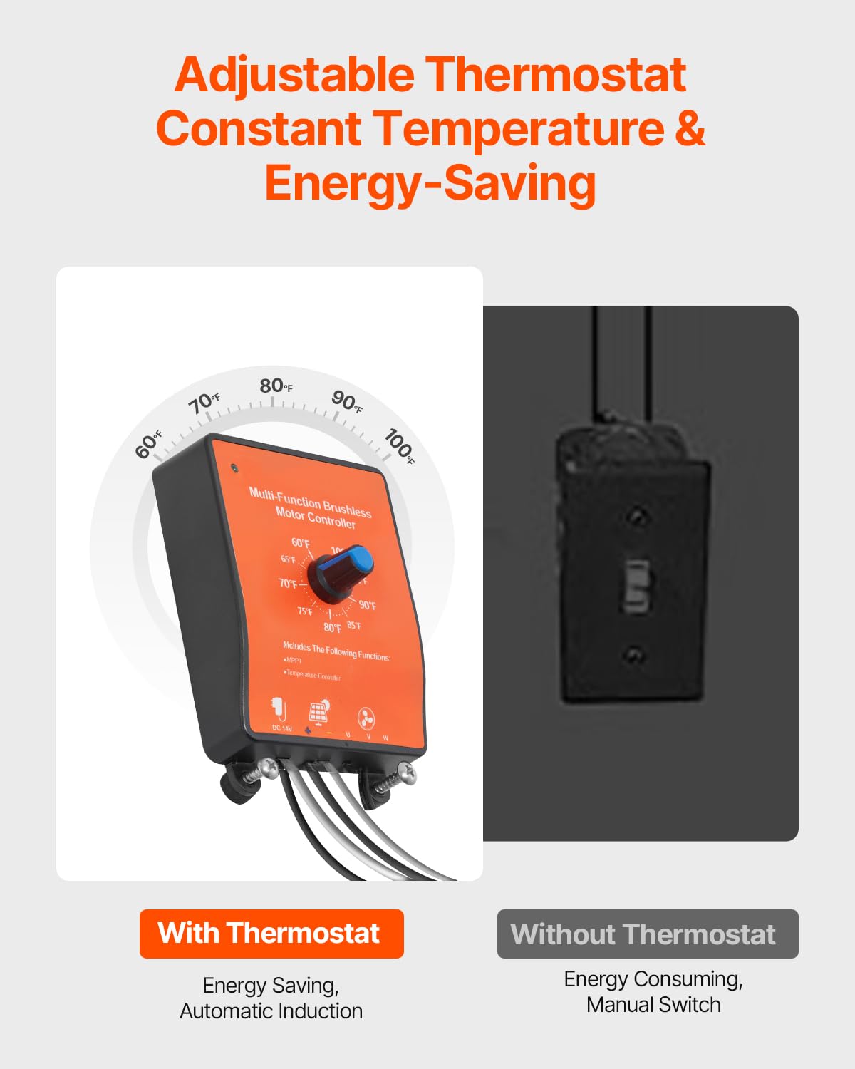 VEVOR gable mount fan thermostat control enables automatic operation.