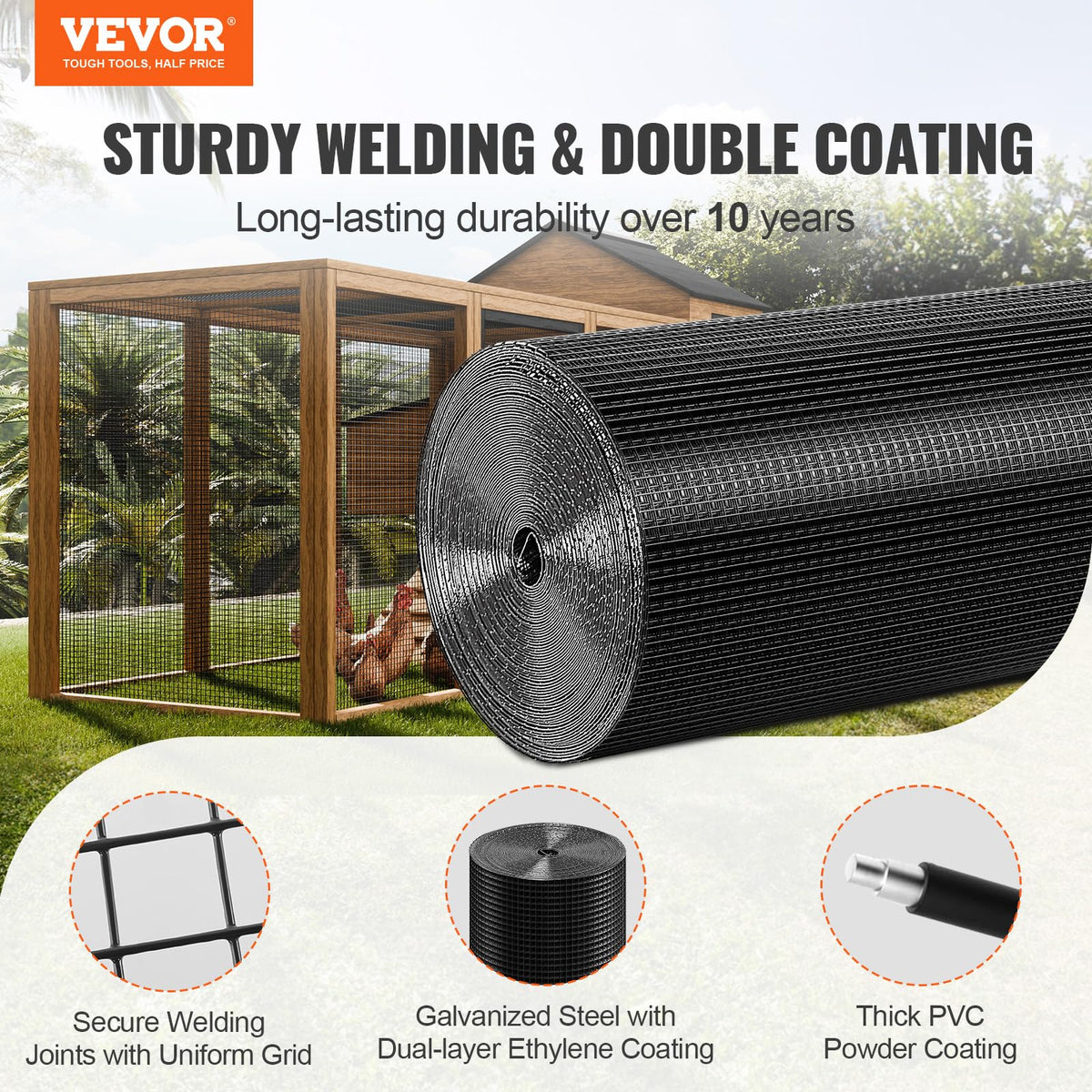 VEVOR galvanized wire mesh roll closeup showing welded joints and smooth surface