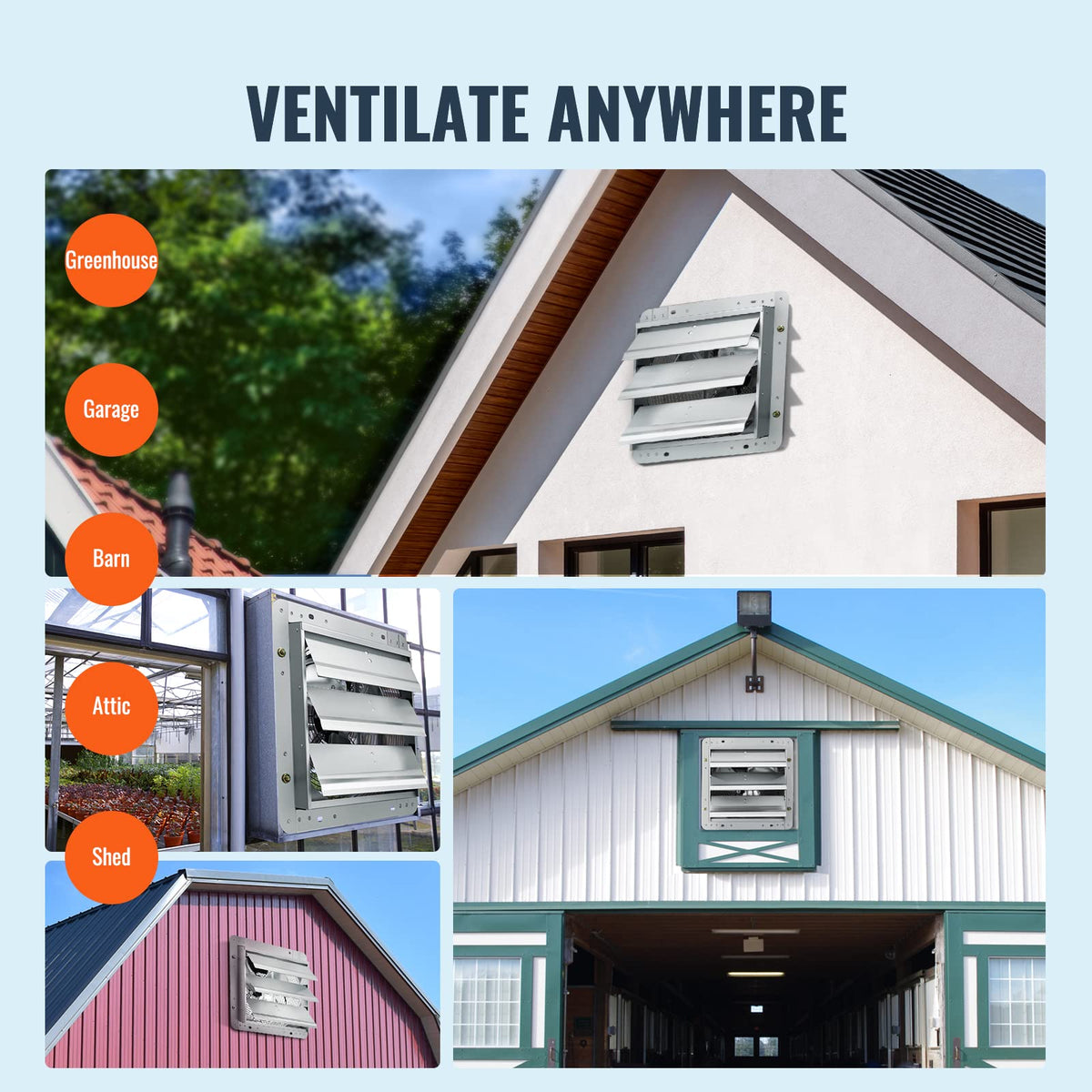 VEVOR versatile placement in garage, greenhouse, and attic for better airflow.