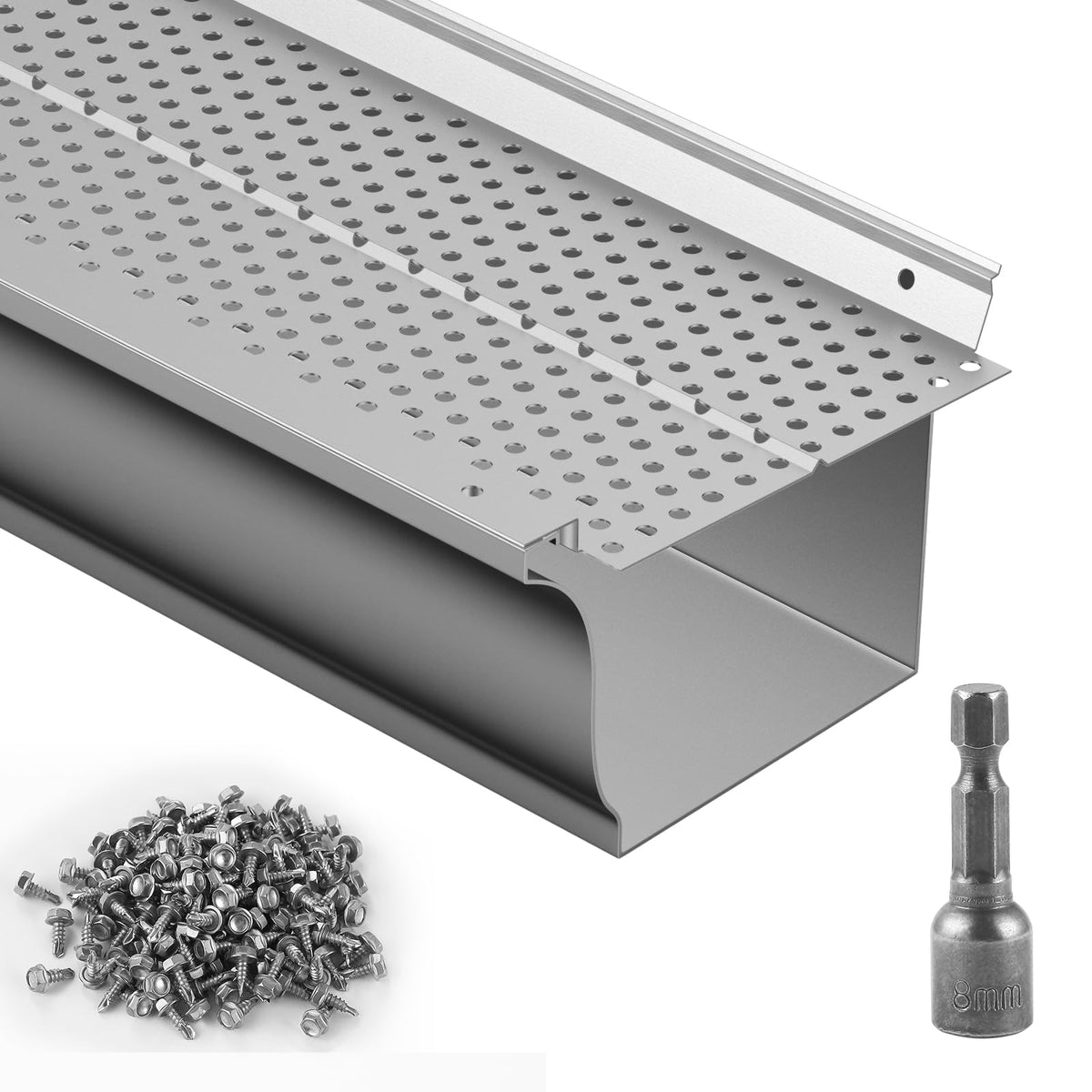 VEVOR Gutter Guard 5in aluminum panel shows durable, rust-resistant protection for gutters.