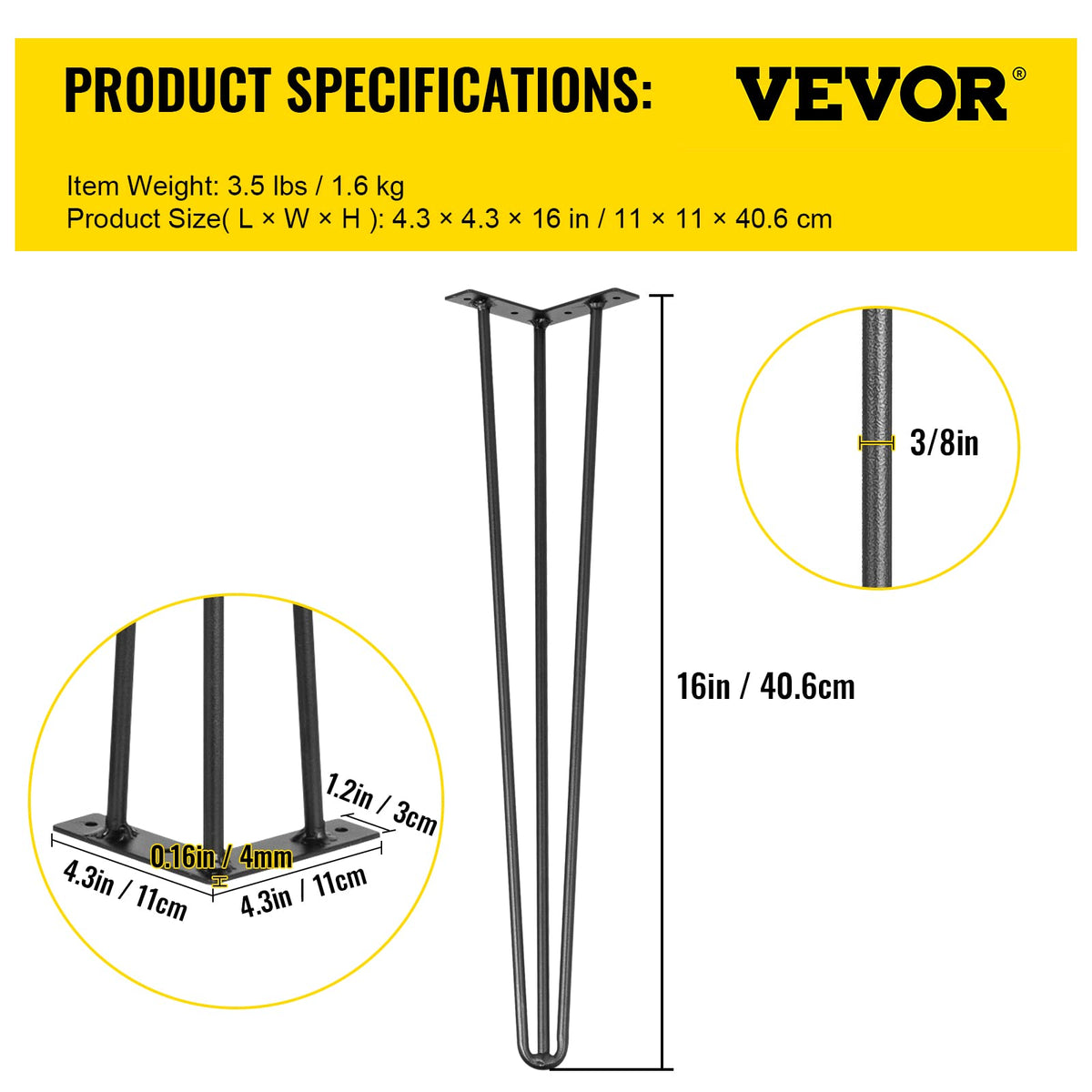 VEVOR hairpin table legs 16in black anti-rust powder coating provides durable finish.