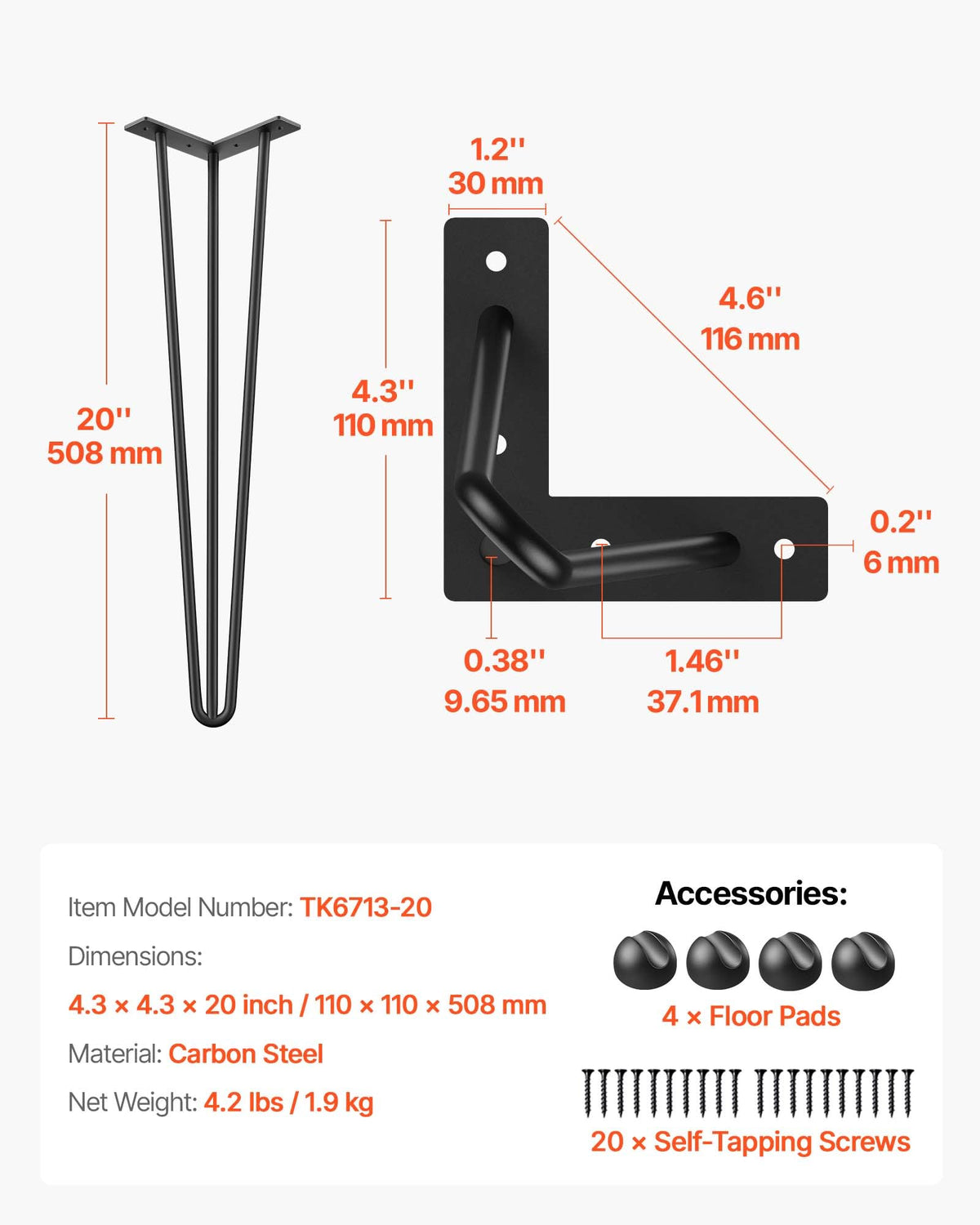 VEVOR hairpin legs 20-inch black side view highlighting three-rod stability