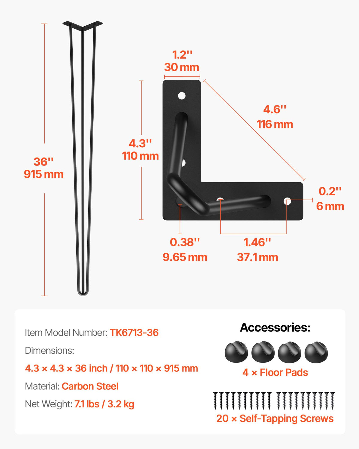 VEVOR hairpin table legs 36in side view, sleek mid-century design for modern workspaces