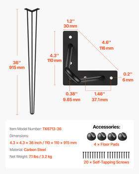 VEVOR hairpin table legs 36in side view, sleek mid-century design for modern workspaces
