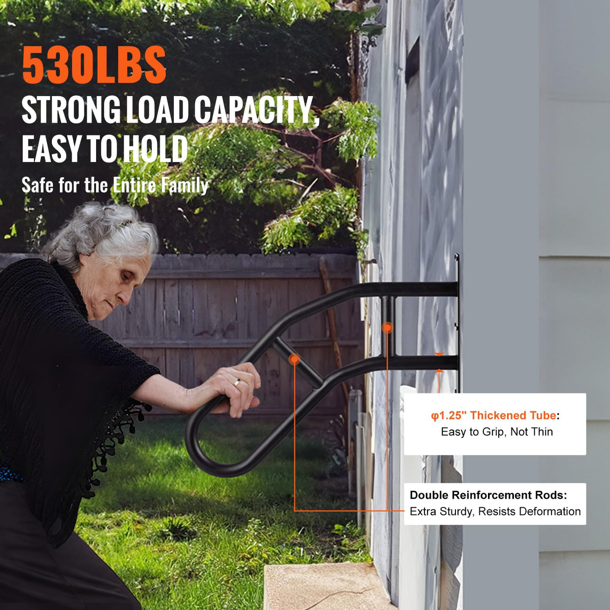 VEVOR 530-pound load-bearing rail supports seniors and children with reliable stability.