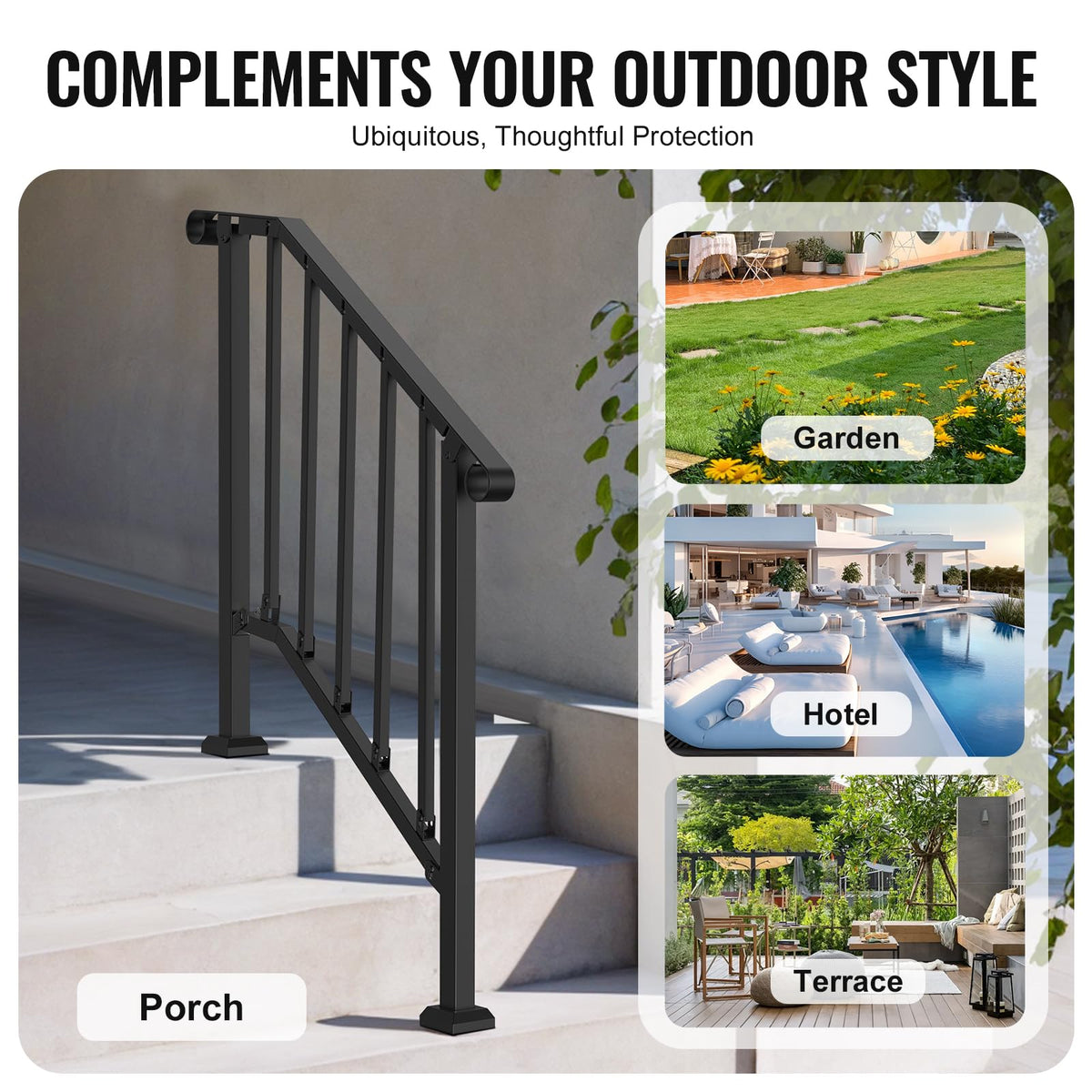 VEVOR black retro arch design complements outdoor stairways.
